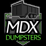 MDX Dumpsters logo featuring a green and gray dump truck with white text on black background