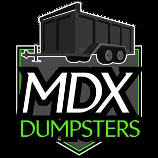 MDX Dumpsters logo featuring a green and gray dump truck with white text on black background